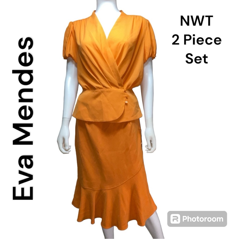 NWT NY & Co. Eva Mendes 2 Piece Set Tangarine Time Skirt and Blouse Top Size 8/M